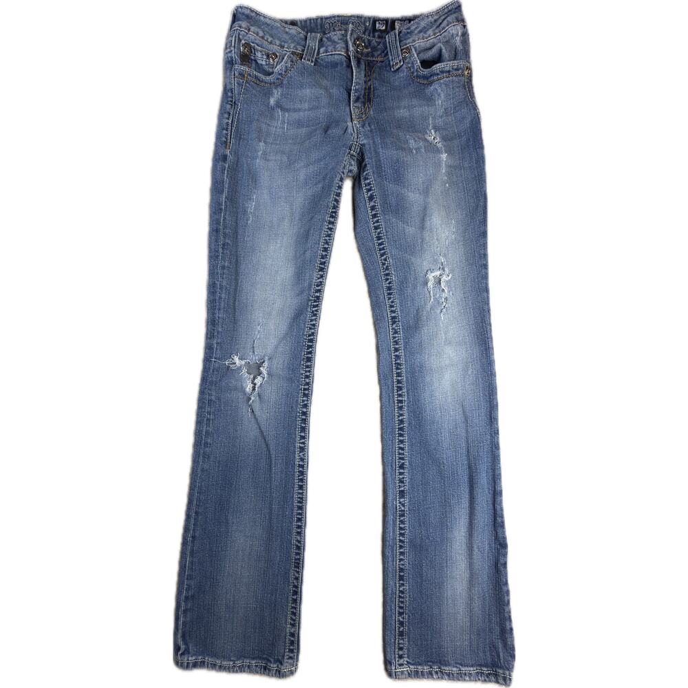 Miss Me JP4738-2 Bootcut Distressed Fleur De Lis Embellished Jeans Wash 1979 29